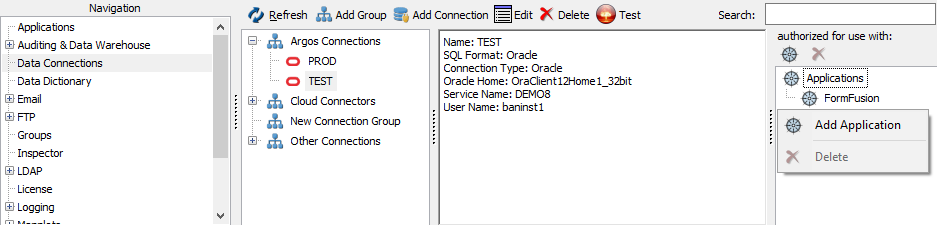 Authorizing a second application for use with the Devl8 connection by right-clicking in the "authorized for use with" pane and selecting "add application"